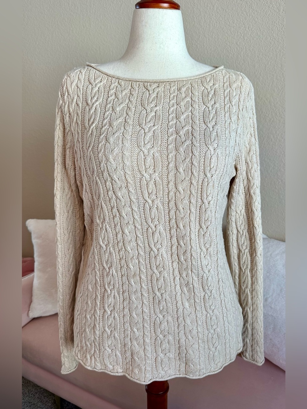 Vintage Lauren Ralph Lauren Cable Knit Sweater Beige Women’s 100% Cotton Preppy